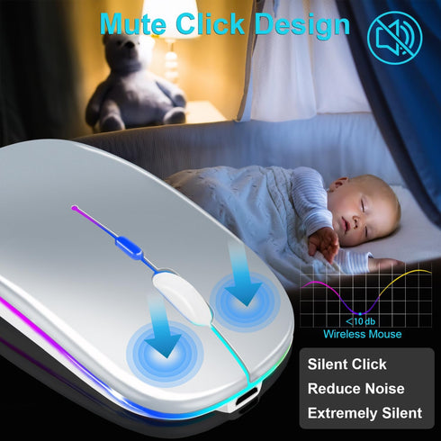 Wireless Bluetooth Mouse for iPad/MacBook Pro/Air/Laptop/pc Rechargeable Silent Mouse Portable Slim for Surface Pro/Lenovo/Samsung Tablet (LED/Silver)
