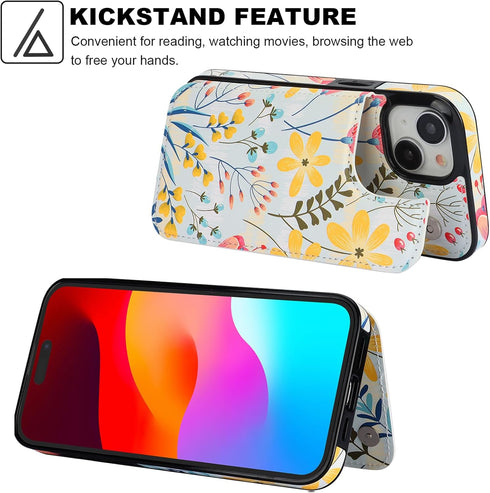 HAOPINSH iPhone 15 Wallet Case, Floral PU Leather Folio with Card Holder, Kickstand, Shockproof, 6.1" for Women & Girls.