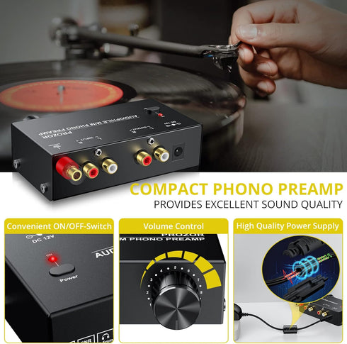 PROZOR Pre Amplifier for Turntable, Audiophile M/M Phono Preamp with Level Volume Controls and Power Adapter