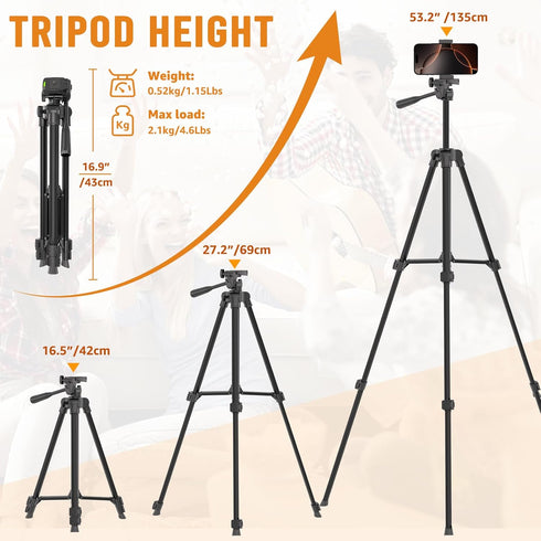 Lusweimi 53'' 16 Max/15 Luswemi Phone & Camera Mount Tripod Stand with Remote and Holder, Portable Cellphone Tripod