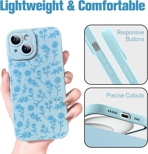 OOK Cute Flower Design Case for iPhone 15, Soft TPU Camera Lens Protective Cover - 6.1 Inch Blue
