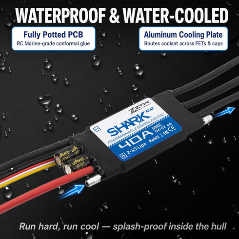 ZTW G2 40A 2-4S 5V/6V 4A Shark ESC Built-in Swithcing BEC Water-Cooling Bidirectional Waterproof Brushless Speed
