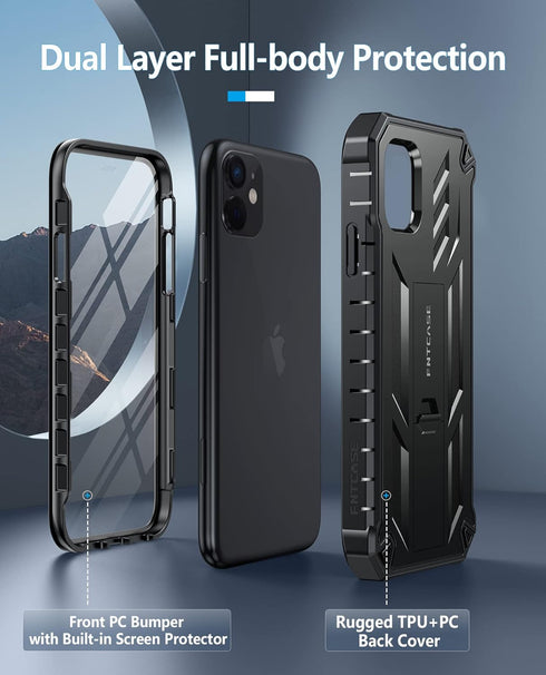 FNTCASE iPhone 11 Case: Shockproof Military Grade, Dual Layer Protection, Kickstand, Matte Textured, 6.1" Black.