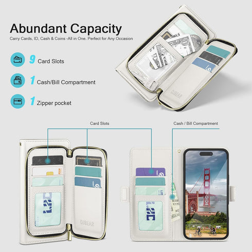 DJBEAR 17 6.3" 9 17 for iPhone Wallet Case for Men & Women, All-in-One Flip Folio Cover with Card Slots, Zipper Pocket