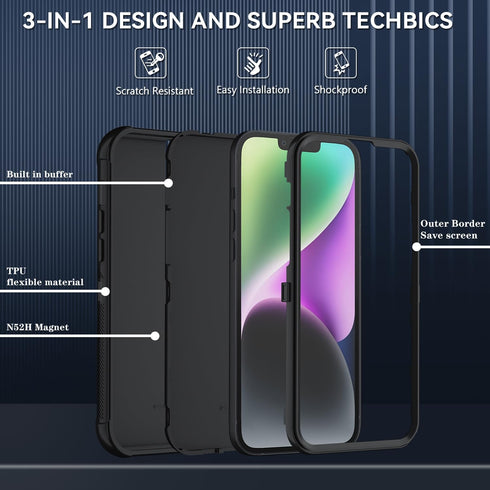 SunStory 13/14 3-Layer Cover,3 1 13/14 6.1", Compatible with iPhone Case with HD Screen Protector, Heavy Duty Full-Body