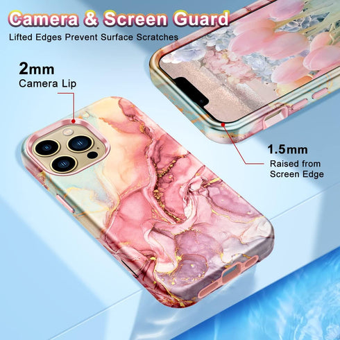 Btscase Rose Gold Marble Pattern Case Compatible with iPhone 13 Pro Max 6.7 Inch 2021, Heavy Duty Shockproof Full Body
