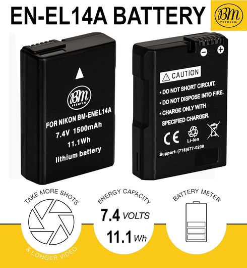 BM Premium EN-EL14A Battery for Nikon D3100, D3200, D3300, D3400, D3500, D5100, D5200, D5300, D5500, D5600, DF, Coolpix P7000, P7100, P7700 Digital SLR Cameras