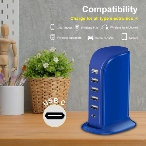 USB Charging Station Upoy, 6 Ports Charging Blocks, USB Power Hub with C Port, Multi Charger 40W for Electronics