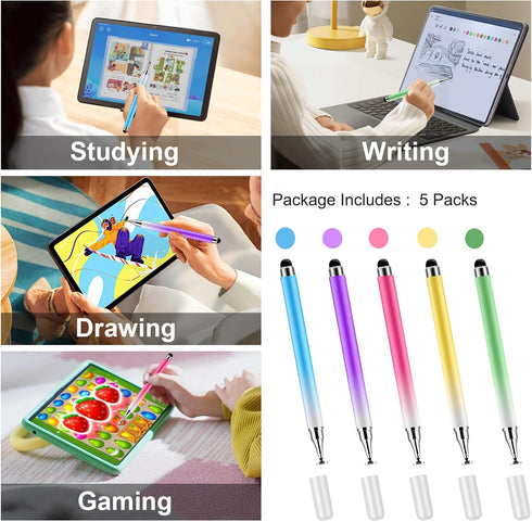 Lapocover 5 Pack 2 1 in Stylus Pen for Touchscreen,iPad,iPhone,Gradient Colored Stylus Pen with Pen Caps,High Precision