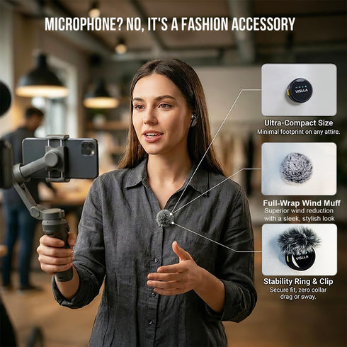 Vislla Mini Microphone for iPhone & Android, Furry Windscreen, Noise Cancelling Wireless Lavalier Microphone,Clip On