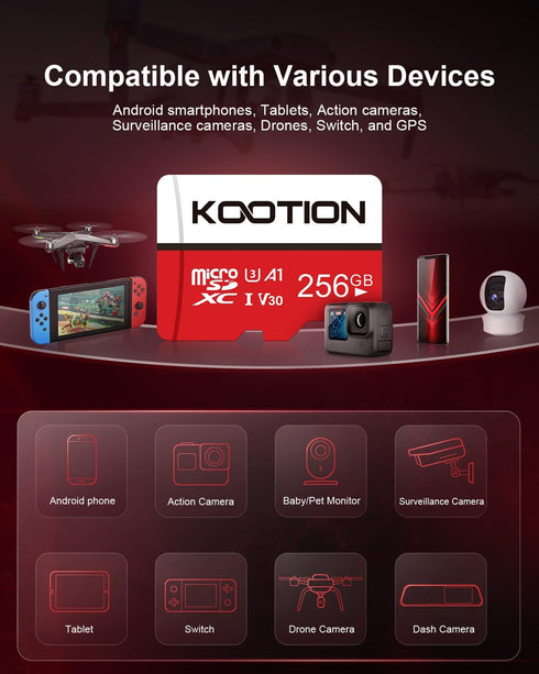 KOOTION 256GB Micro SD Card UHS-I U3 V30 4K for Camera, Action Camera, Drone, Smartphone with Adapter