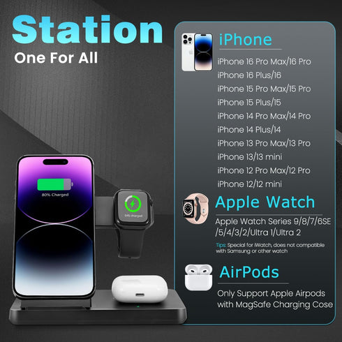 Magnetic 3 in 1 Charging Station for Multiple Devices, Mag-Safe Wireless Charger for iWatch & AirPods Pro 3 2, Foldable