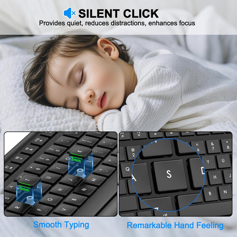 EDJO 2.4G Wireless Keyboard, Full-Sized Cordless USB Silent Computer Keyboard, Ergonomic Tilt Angle, Sleep Mode, Long