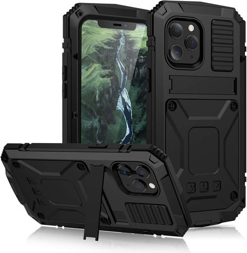 iPhone 12 Pro Max Metal Case with Kickstand, Built-in Screen Protector, Heavy Duty Shockproof, Black