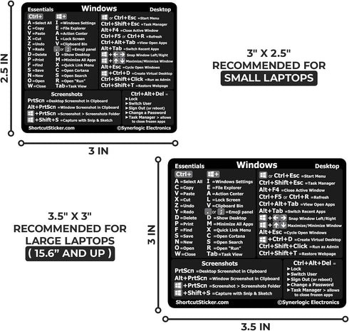 Synerlogic Windows PC Reference Keyboard Shortcut Sticker, Vinyl, No-Residue Adhesive for PC Laptop or Desktop