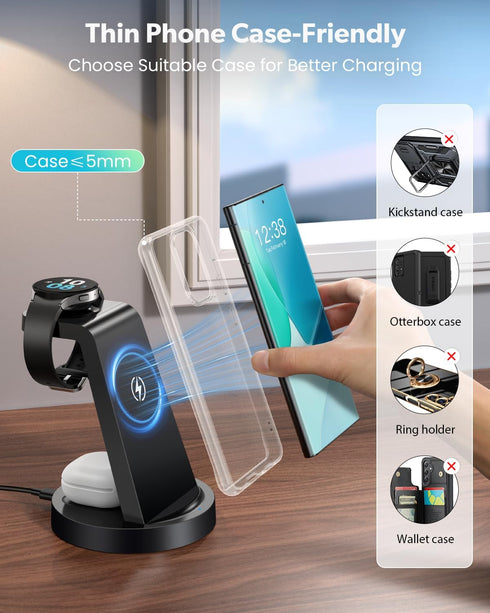 Wireless Charger for Samsung - 3 in 1 Charging Station for Galaxy Watch 7 6 5 4 3 Pro Classic, Galaxy Buds, S24 Ultra