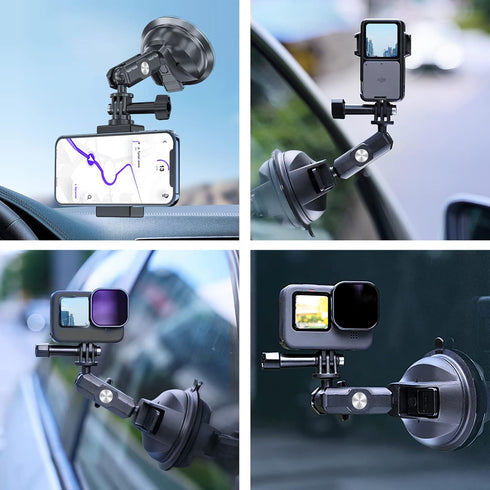 TELESIN Car Mount Suction Cup with Phone Holder for GoPro Max Hero 13 12 11 10 9 8 and DJI Action 3 4 5
