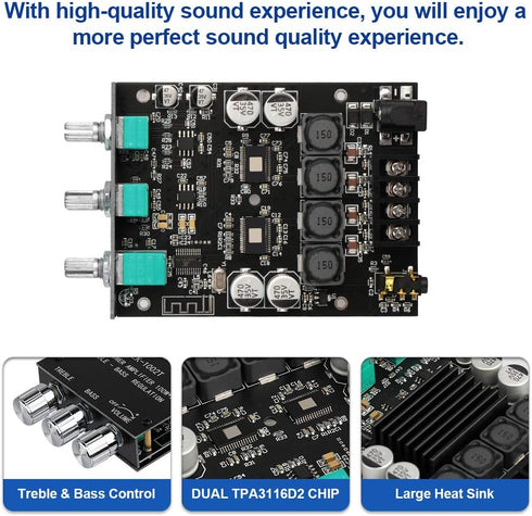 ZK-1002T 2.0CH 100W*2 9-24V Bluetooth Amplifier Board Mini Audio AMP with Treble and Bass Control, BT and AUX Inputs