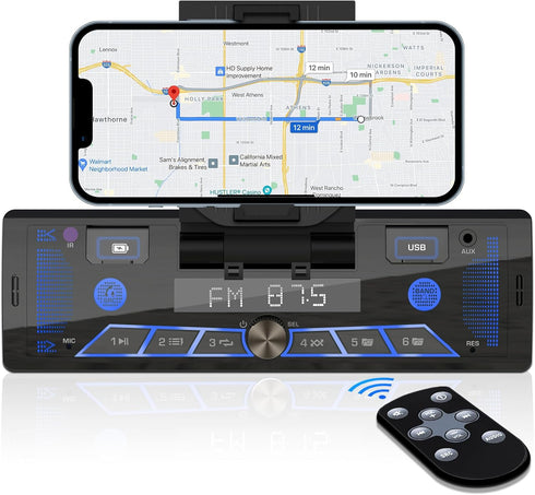Single-Din Stereo with Car Phone Holder, Bluetooth Car Radio, Push to Talk Assistant, Multi Color LCD AM FM Tuner, AUX