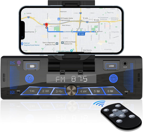 Single-Din Stereo with Car Phone Holder, Bluetooth Car Radio, Push to Talk Assistant, Multi Color LCD AM FM Tuner, AUX