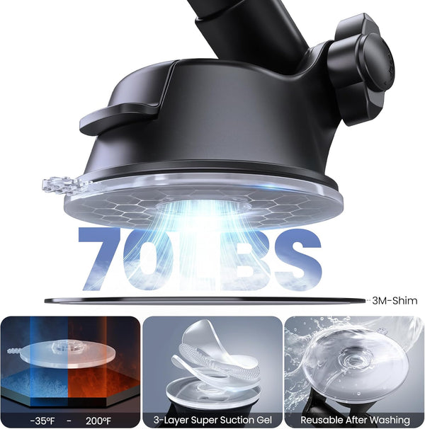 Car Phone Holder for Dashboard & Windshield, 360° Adjustable Suction Cup Holder for 4.8-7" Smartphones, Bumpy Roads