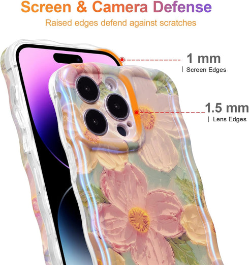 EYZUTAK iPhone 14 Pro Max Case - Colorful Retro Flower Print, Glossy TPU, Stylish Curly Wave Edge, Durable Protection -