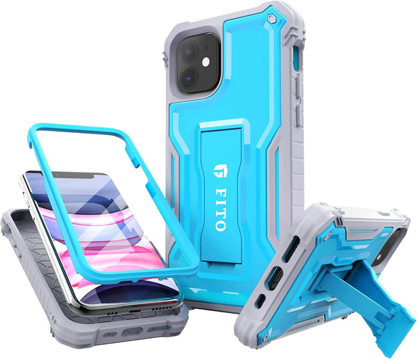 FITO iPhone 11 Case - Dual Layer Shockproof Heavy Duty with Screen Protector, Built-in Kickstand for iPhone 11/XR (Blue)