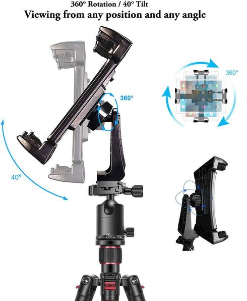 iPad Tablet Tripod Mount Adapter, 360 Degree Rotatable Clamp Holder with Bluetooth Remote for iPad Pro, Air, Mini