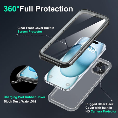 SOKUSIN Waterproof Case for iPhone 15 - Shockproof Drop Proof Dustproof Clear Phone Case with Built-in Screen & Camera