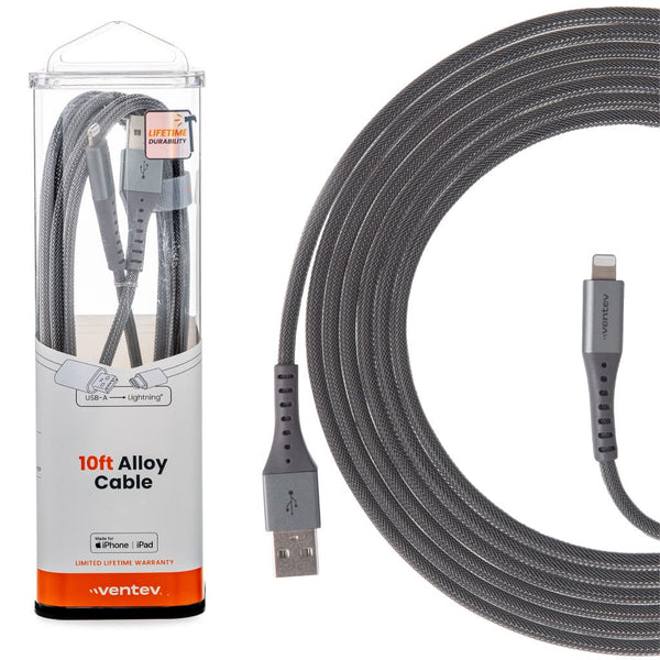 Ventev - MFi Certified iPhone Charger USB A to Apple Lightning Cable 10ft - Durable Steel Design, Lasts Up to 100x