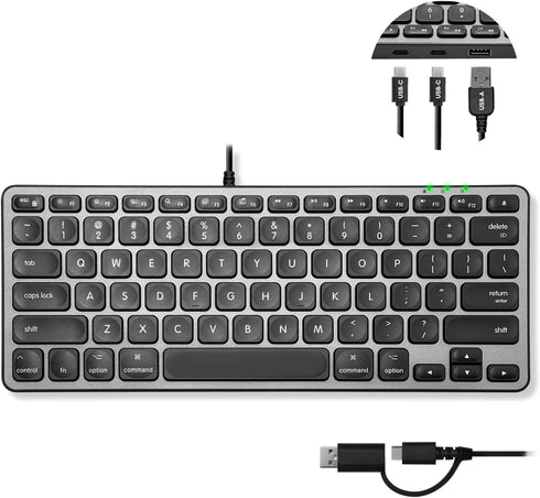 Macally Wired Keyboard for Mac with USB Hub (2X USB-C / 1x USB-A), Small Apple Keyboard for MacBook Pro/Air, iMac
