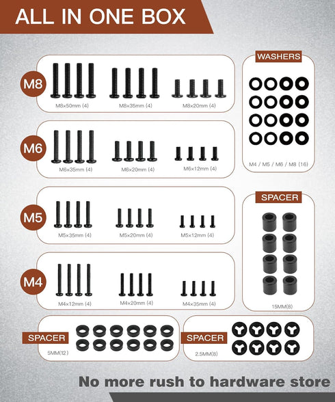 Solid As Mountain 92PCS Set M4 M5 M6 M8 80", Universal TV Mounting Hardware Screw Kit - Screws, Spacers and Washers
