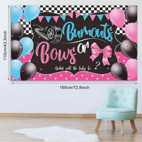 Burnouts or Bows Gender Reveal Decoration, Backdrop Party Supplies, Blue or Pink Baby Shower Banner, 72.8 x 43.3 Inch