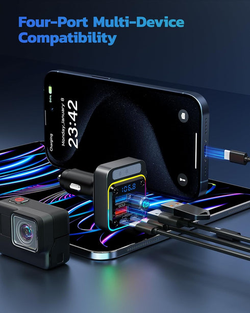 Nulaxy 54W Bluetooth 5.3 Car Adapter with 4 Charging Ports, Wireless Radio FM Transmitter with Deep Bass Player