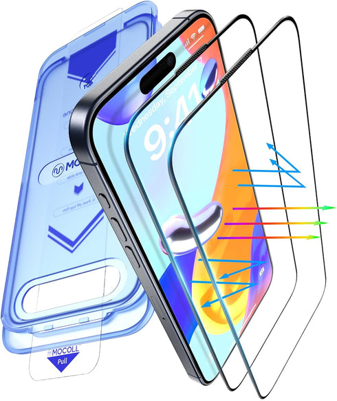 MOCOLL iPhone 15 Plus Screen Protector, Blue Light, Dust-Free Kit, Military Grade Tempered Glass, 2 Packs