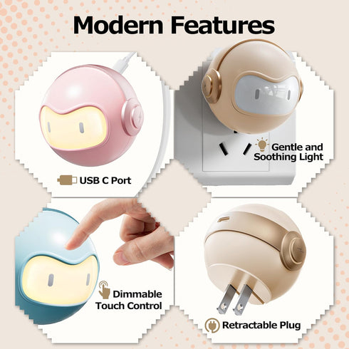 Cute 30W USB C Night Light Wall Charger Space Bot GaN Fast PD Charging Block - Touch Dimmable LED Lamp Adapter