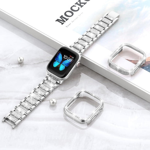 SUPOIX 41mm Compatible Apple Watch Band + Case, Women’s Bling Diamond Metal Bands & 2 Pack Protective Covers