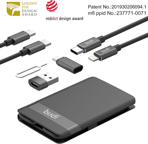BUDI MFi Certified USB Type C Cable - 3 Types USB Adapter Kit for Traveling Phone Pad Charging