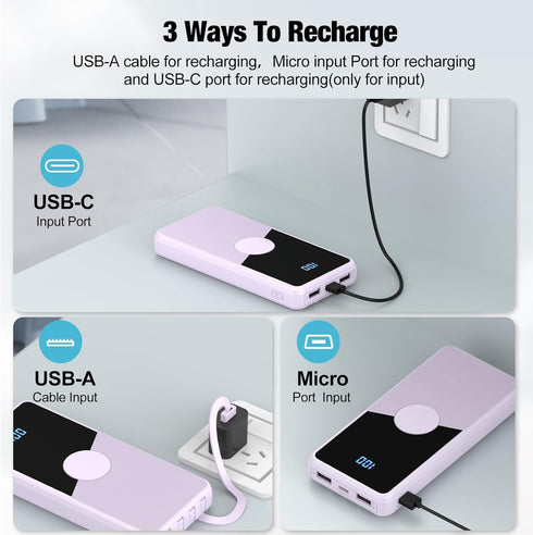 Portable Charger with Built-in Cables, High-Speed 10000mAh Power Bank, 5 Outputs, 3 Inputs for iPhone, Samsung