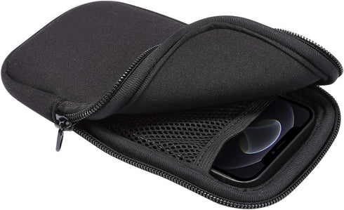 Neoprene Small Cell Phone Sleeve, Zip Wallet Pouch with Neck Strap for iPhone 16, 15, 14 Pro, 13, 12 Pro, 11 Pro (Black)
