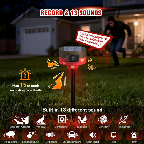 COTINSE 130dB 13 360 Solar Outdoor Motion Sensor Alarm-Dog Barking or Gunshot Sound, Noise, Sounds & Motion Detector