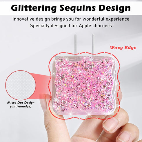 Luxury Cable Protector for iPhone Charger, Clear Wave Edge Glitter Design, USB Case Wire Saver for iPhone XR 8 11 12 13