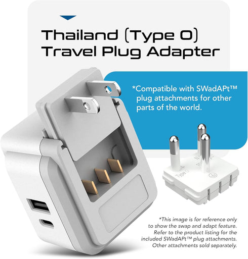 Ceptics Thailand Travel Adapter Set, 20W PD & QC, Type O - 4 in 1 with 2 USA Inputs, 1 USB Port, 1 USB-C Port