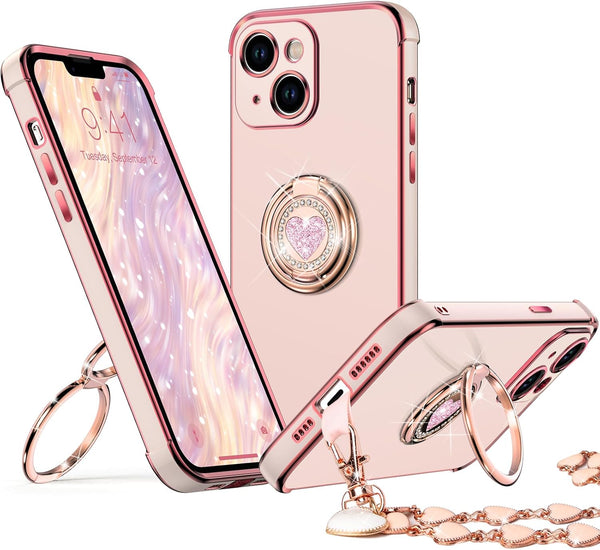 Bling Luxury Heart Case for iPhone 13 Mini - Pink, with Double Ring Kickstand, Protective Case for Women & Girls.