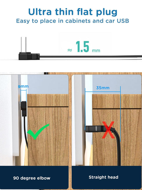 2PCS 90 Degree USB2.0 Extension Cable Flat Right Angle USB Male to Female Adapter Short Soft USB Cable 8inch