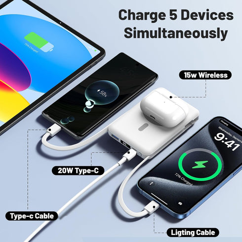 Azmuth 10000mAh Magsafe Battery Pack, Magnetic Power Bank with USB-C & Lighting Cable, LED Display, Wireless Portable