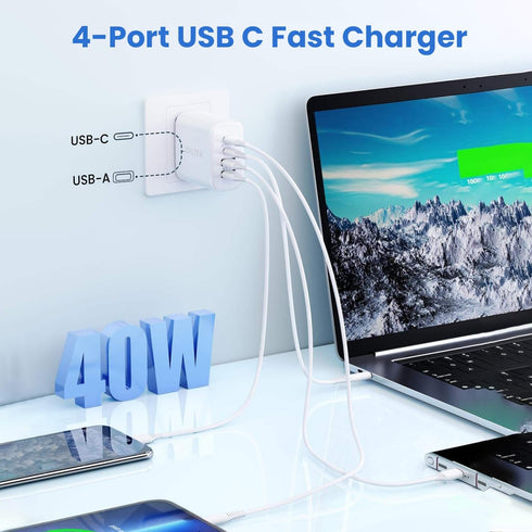 DILTEX 4USB 40W 2 Pack Ports Gan Foldable Charger - Compact USB-C & USB-A Fast Charger with Smart Power Output for Safe