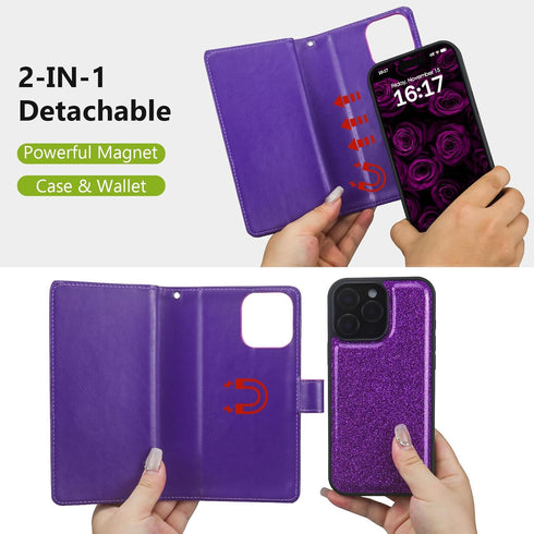 Varikke Detachable Wallet Case for iPhone 13 Pro Max with Card Holder, Fashion Glitter Leather Strap Magnetic Flip