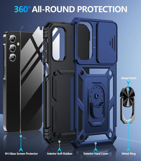 BaHaHoues for Samsung Galaxy A15 5G Case with Screen Protector & Slide Camera Lens Cover,Built-in 360°Rotate Magnetic Ring Stand Shockproof Protective Phone Case for Samsung A15 5G Case (Blue)