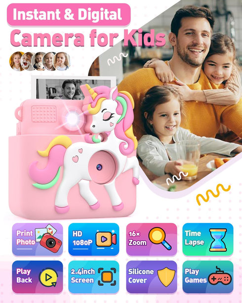 Kids Camera Instant Print - 1080P Digital Camera Toy with 32GB SD Card, Silicone Cover, Pink, Creative Gifts for Girls